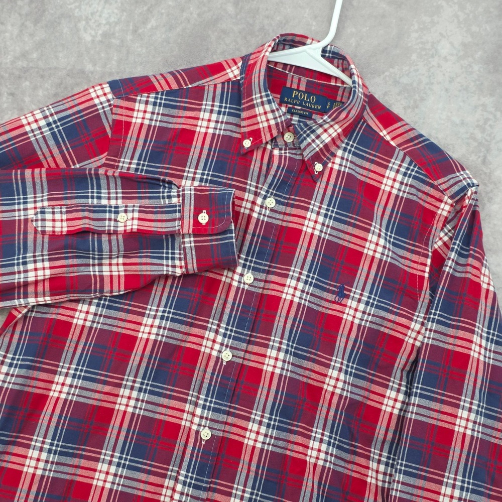 Polo Ralph Lauren Mens Small Plaid Button Down Shirt Classic Fit Red Navy Blue